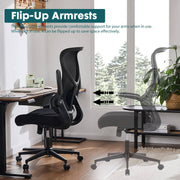 Black office chair with flip-up armrests in a home office setting.