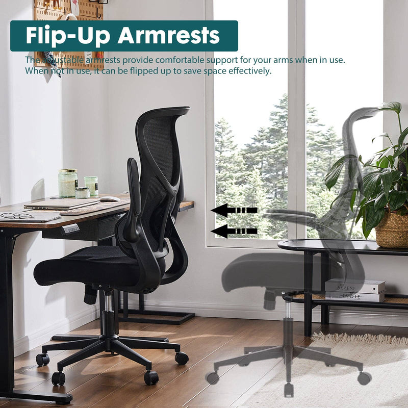 Black office chair with flip-up armrests in a home office setting.
