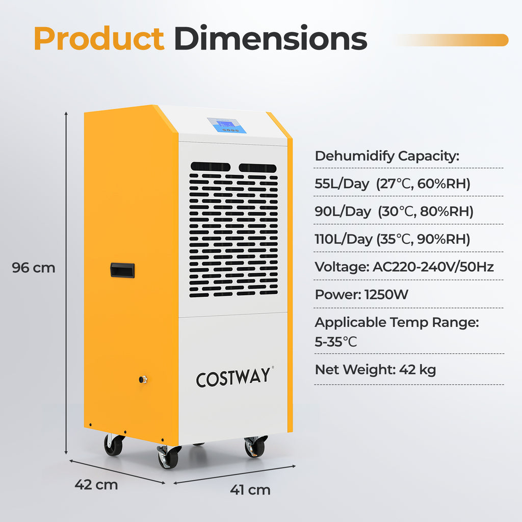 110L/Day Portable Commercial Dehumidifier with Pump Drain Hose