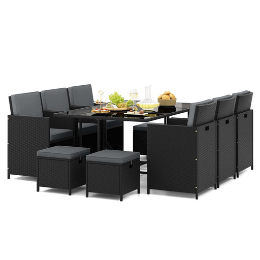 Costway 11-Piece PE Rattan Patio Dining Set with Ottomans Grey - Garden Yard Poolside Outdoor Furniture