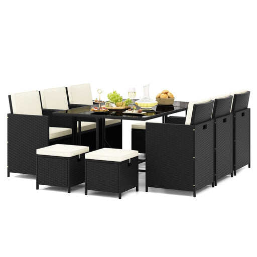 Costway 11-Piece PE Rattan Patio Dining Set with Ottomans White - Garden Yard Poolside Outdoor Furniture