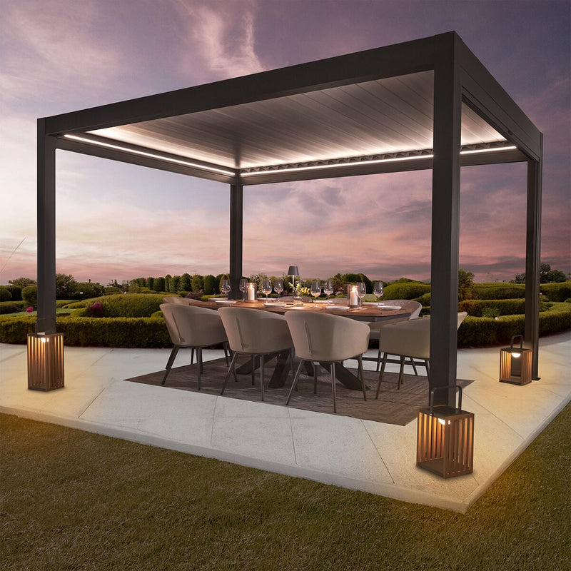 Maze Solis 3m x 4m Aluminium Garden Pergola with LED Lights & Motorised Retractable Roof - Grey
