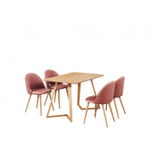 Scandinavian oak dining table set with velvet chairs featuring a modern design and elegant style.