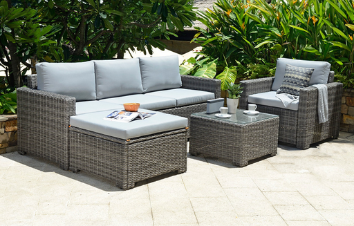 Marbella 5-Seater Garden Lounge Set with Ottoman Chaise - Grey Cushions