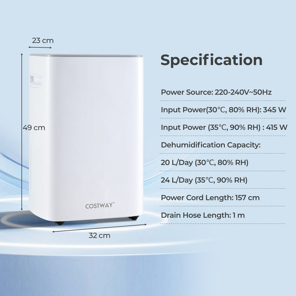 24 L Energy Efficient Dehumidifier with Auto Drain or Manual Drainage