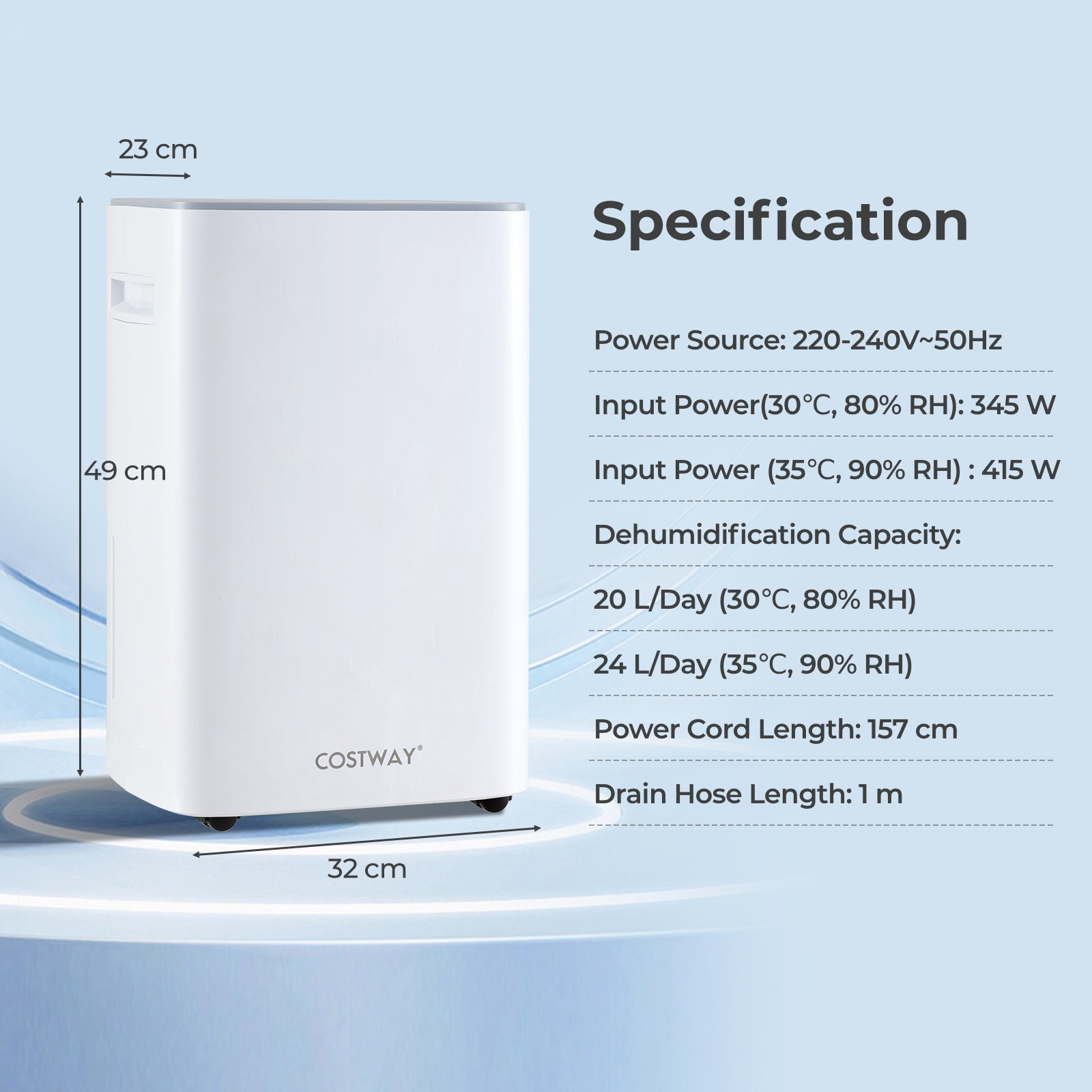 24 L Energy Efficient Dehumidifier with Auto Drain or Manual Drainage