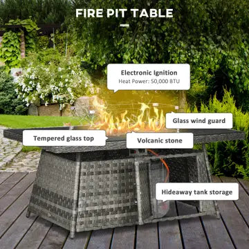 Fire pit table with features highlighted on a wooden deck