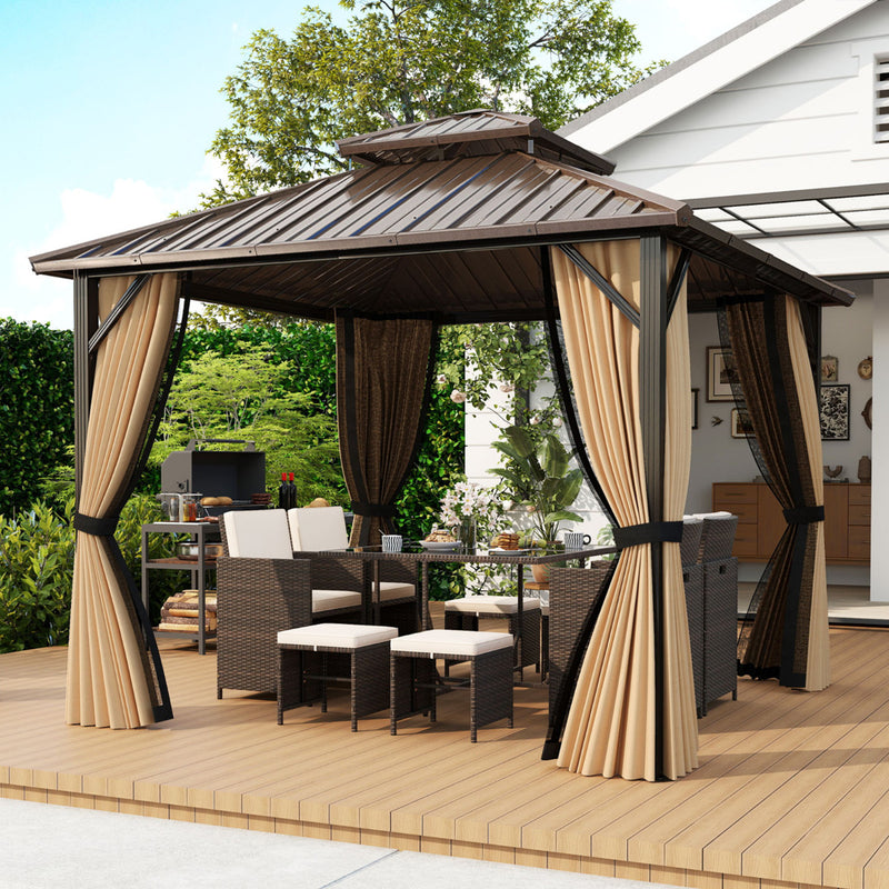 Costway 302 x 302 cm Hardtop Gazebo with Netting and Aluminium Frame-Coffee