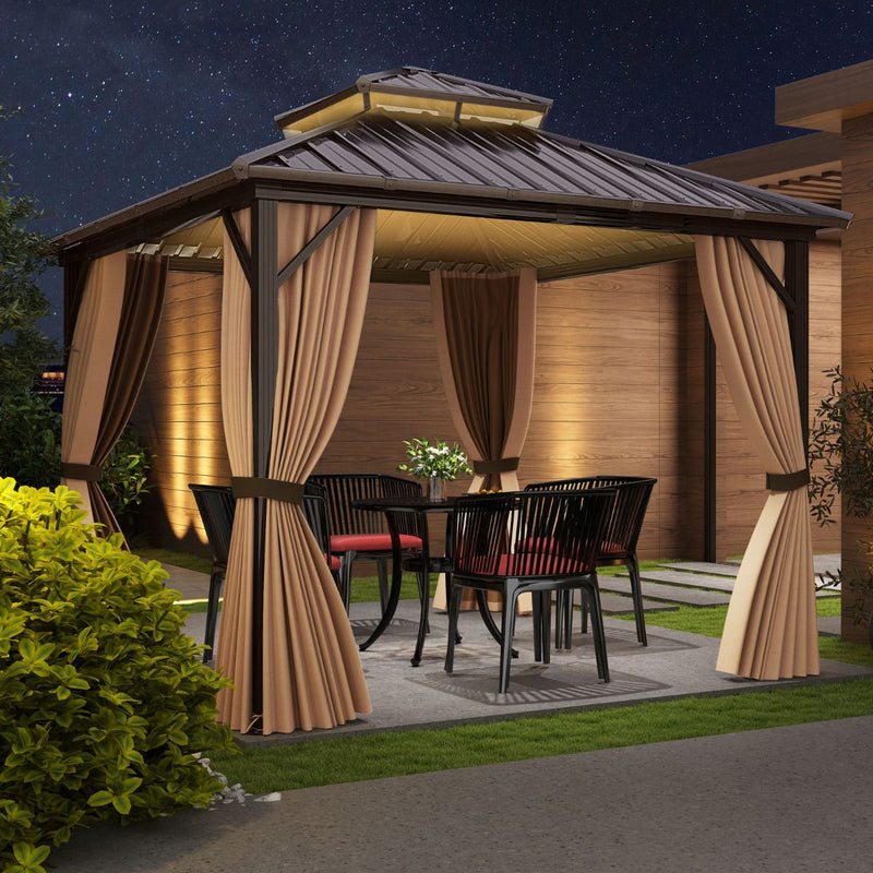 Costway 302 x 302 cm Hardtop Gazebo with Netting and Aluminium Frame-Coffee