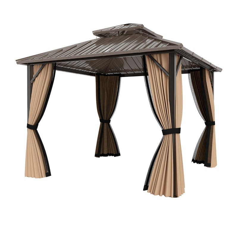 Costway 302 x 302 cm Hardtop Gazebo with Netting and Aluminium Frame-Coffee