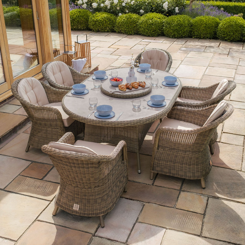 Maze Winchester 6 Seat Oval Rattan Garden Dining Set with Heritage Chairs & Lazy Susan – Ceramic Glass