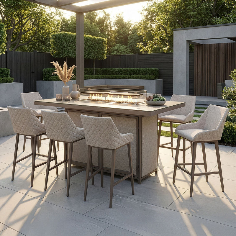 Maze Outdoor Fabric Regal 8 Seat Rectangular Bar Set with Fire Pit Table - Latte
