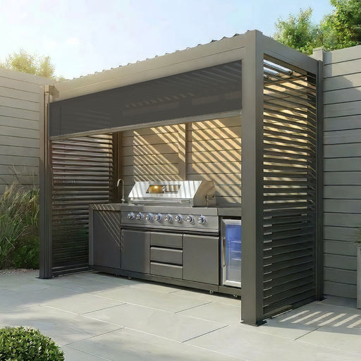 Maze Como BBQ Shelter - Grey, angled view showing tilting louvre roof