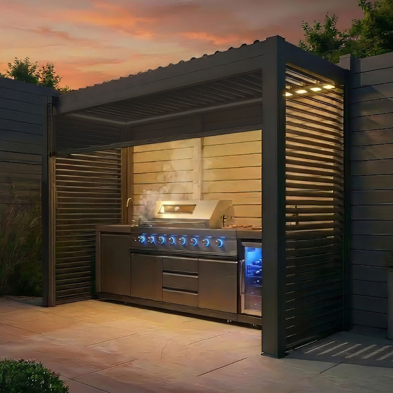 Maze Como BBQ Shelter - Grey, integrated LED lighting at dusk