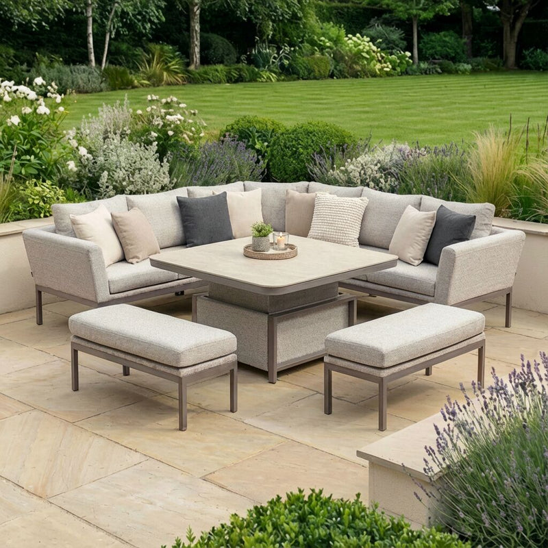 Maze - Outdoor Fabric Pulse Deluxe Square Corner Dining Set with Rising Table - Latte