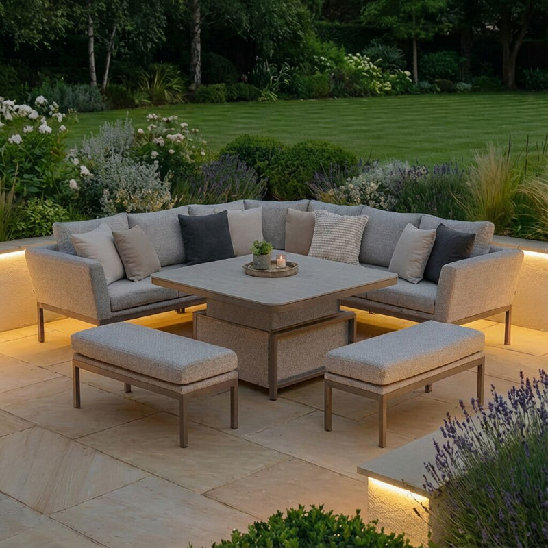 Maze - Outdoor Fabric Pulse Deluxe Square Corner Dining Set with Rising Table - Latte