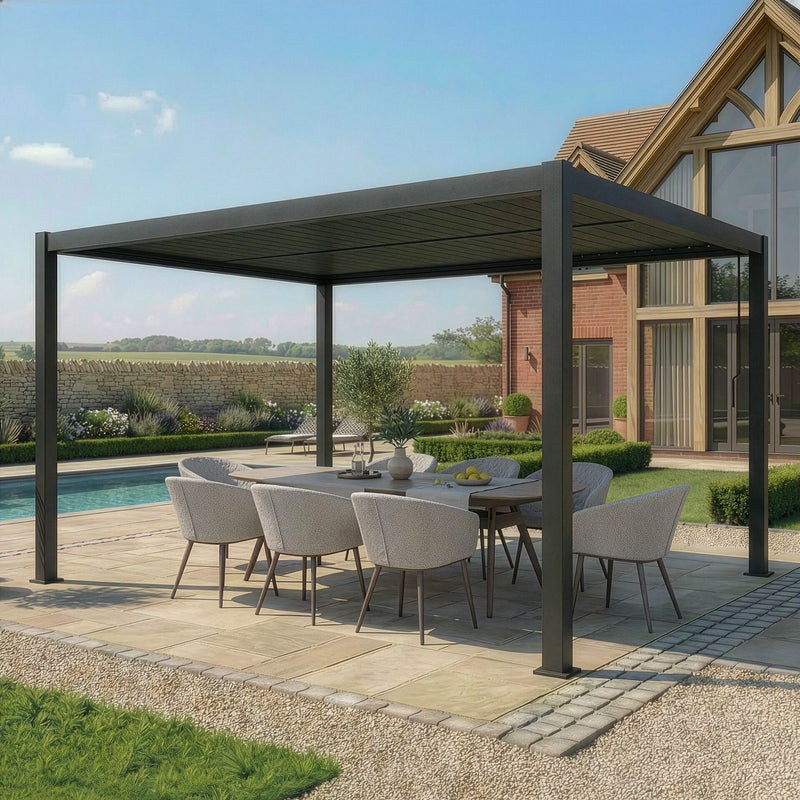 Maze - Eden 8m x 4m Aluminium Garden Pergola with LED Lights & Motorised Roof - Grey