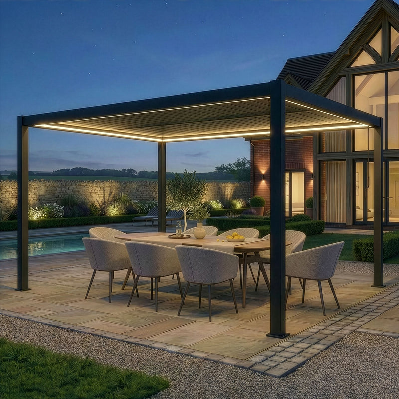 Maze Como 3m x 4m Pergola Latte lifestyle garden setting
