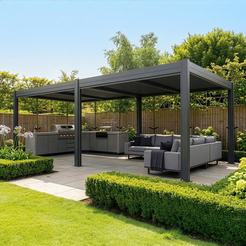 Maze - Eden 8m x 4m Aluminium Garden Pergola with LED Lights & Motorised Roof - Grey