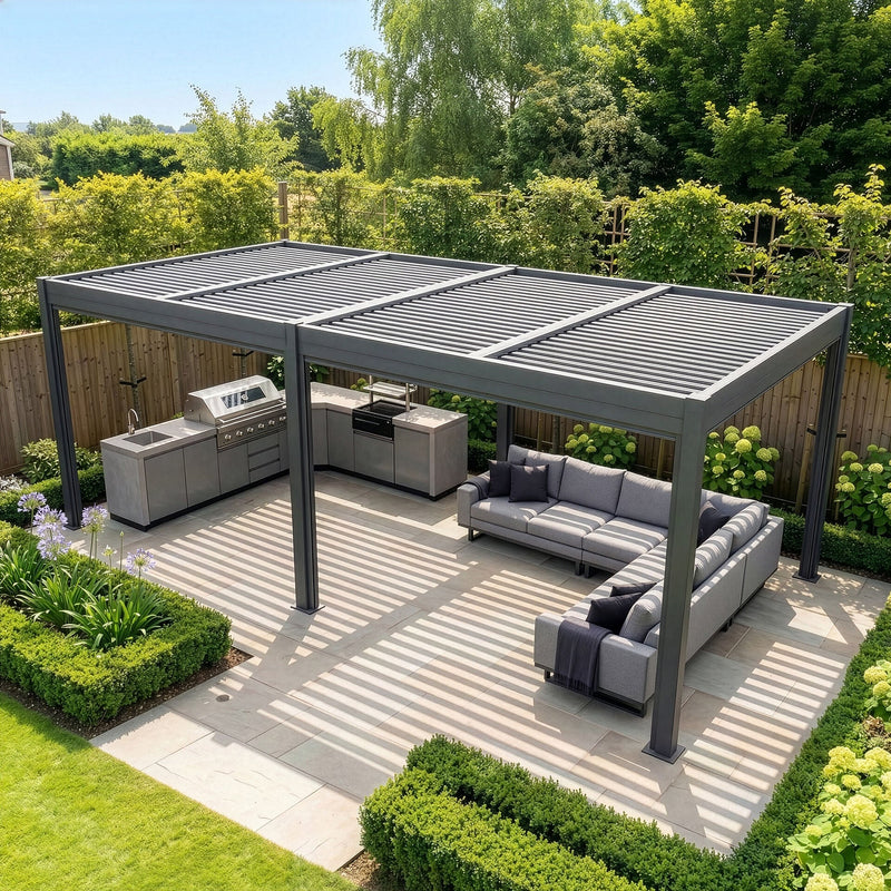 Maze - Eden 8m x 3m Double Pergola with LED Lights & Motorised Roof - Grey