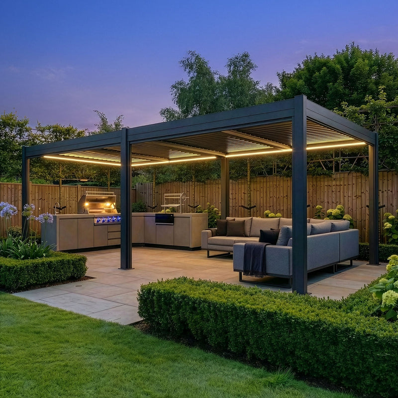 Maze - Eden 4m x 4m Aluminium Garden Pergola with LED Lights & Motorised Roof - Grey