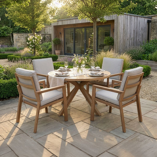 New York 4-Seat Round Aluminium Dining Set - Wood Effect Almond