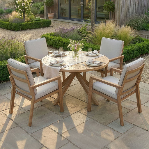 New York 4-Seat Round Aluminium Dining Set - Wood Effect Almond