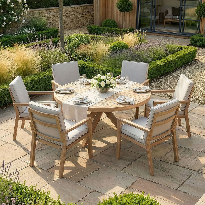 Maze New York 6 Seat Round Aluminium Dining Set - Wood Effect Almond