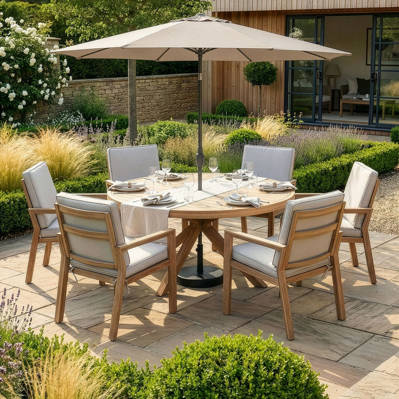 Maze New York 6 Seat Round Aluminium Dining Set - Wood Effect Almond