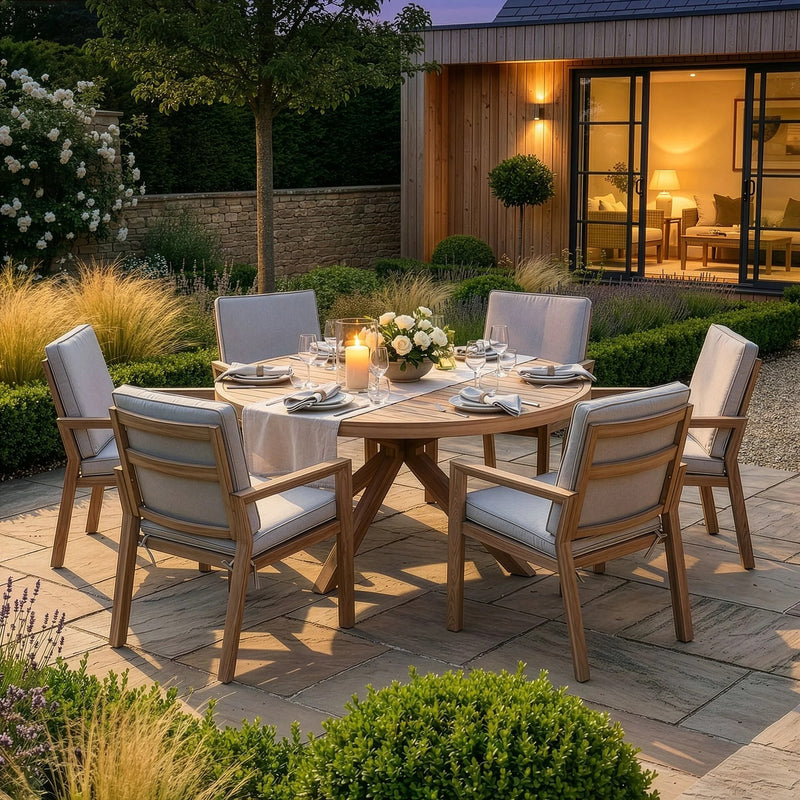 Maze New York 6 Seat Round Aluminium Dining Set - Wood Effect Almond