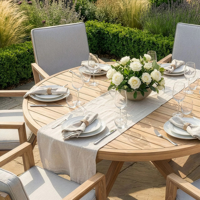 Maze New York 6 Seat Round Aluminium Dining Set - Wood Effect Almond