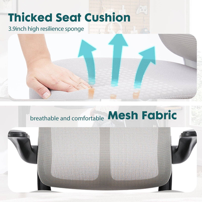Thickened seat cushion with mesh fabric and high resilience sponge on a chair.