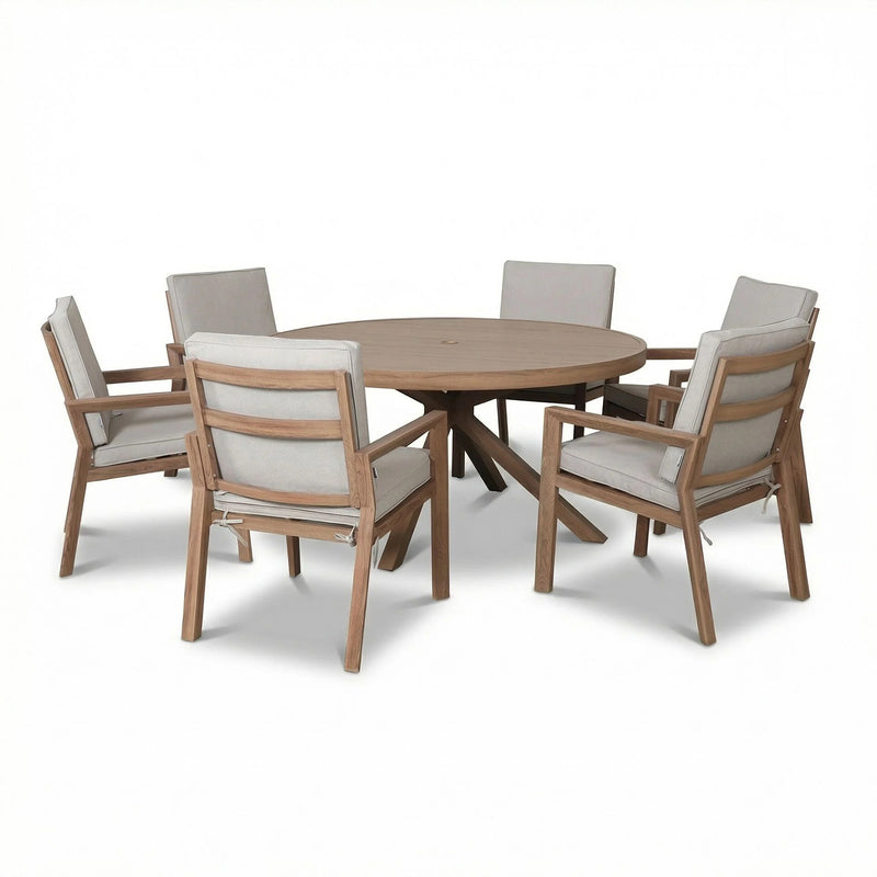 Maze New York 6 Seat Round Aluminium Dining Set - Wood Effect Almond