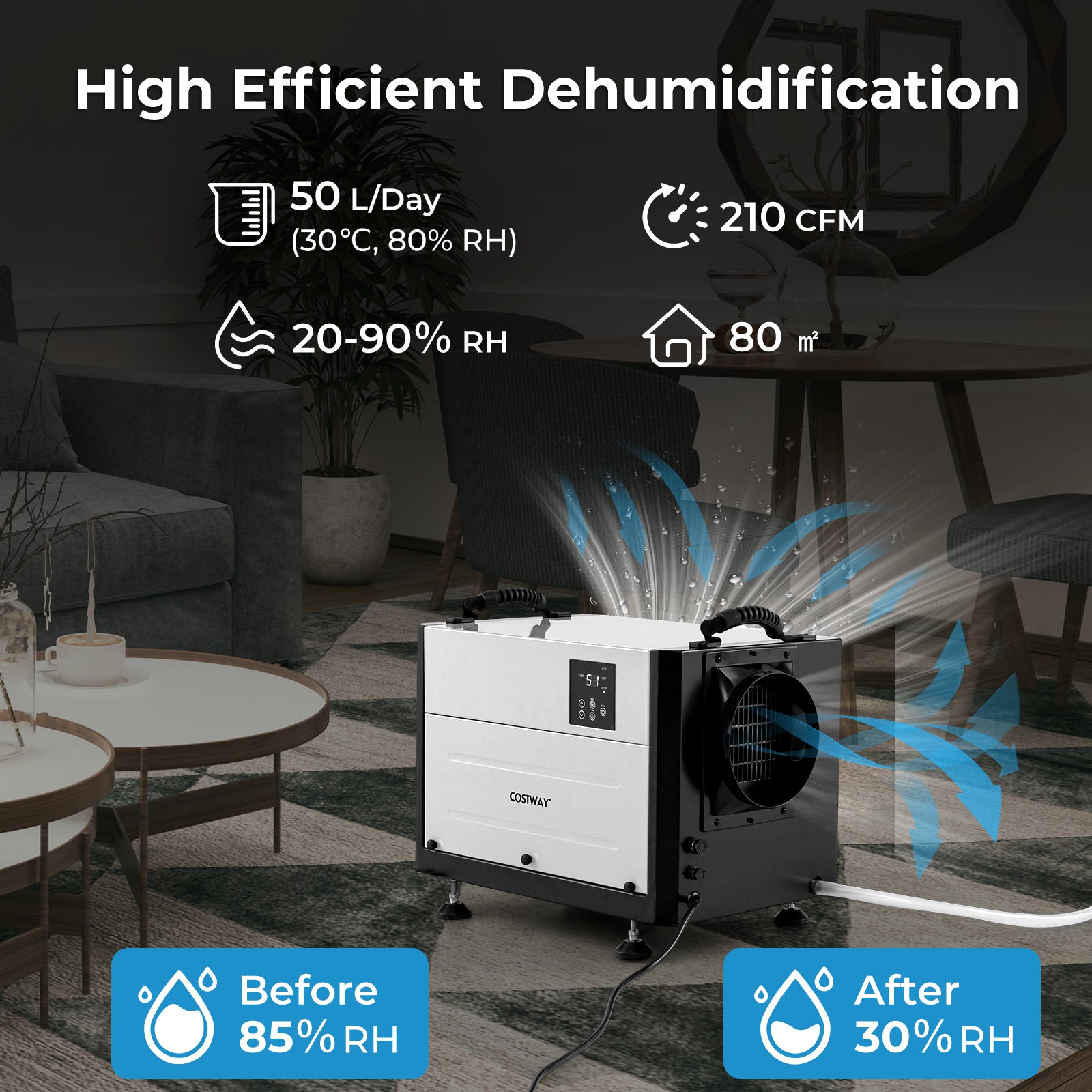 50/70L/Day Industrial Dehumidifier with Pump and Drain Hose-White-50L