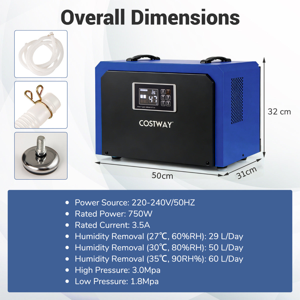 60L Crawl Space Dehumidifier with Drain Hose and 24H Timer