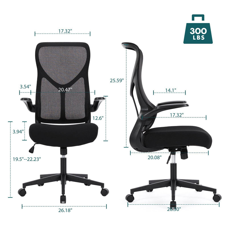 Black office chair with measurements and weight capacity on a white background