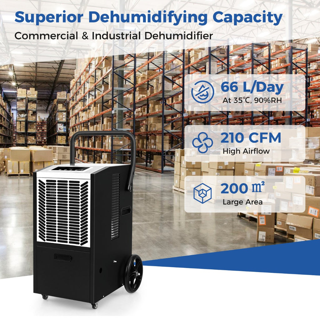 66 L/Day Commercial Dehumidifier with Pump and Drain Hose for Basement Warehouse Job Site