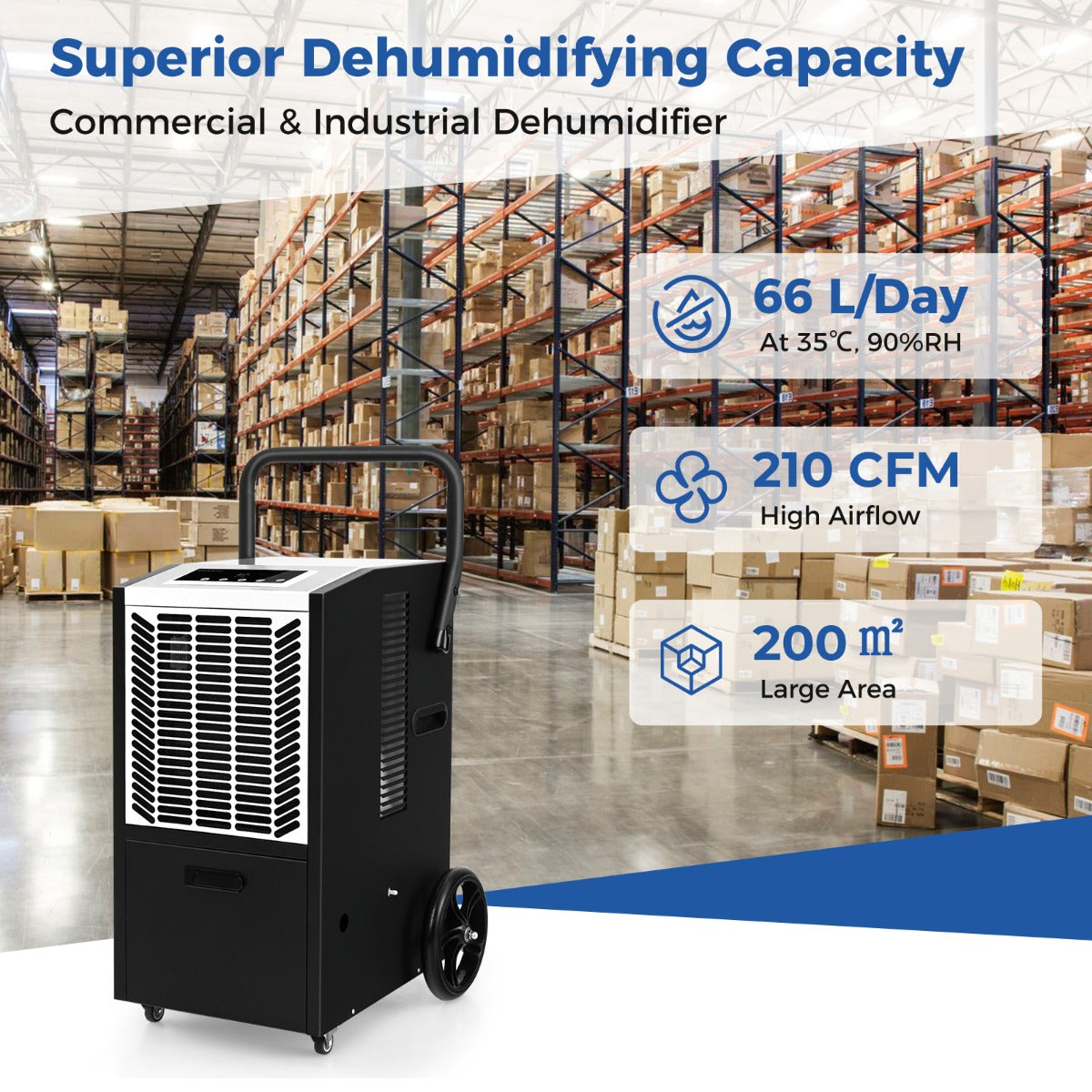 66 L/Day Commercial Dehumidifier with Pump and Drain Hose for Basement Warehouse Job Site