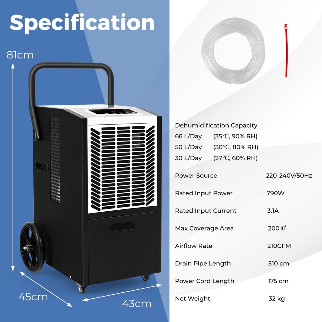66 L/Day Commercial Dehumidifier with Pump and Drain Hose for Basement Warehouse Job Site
