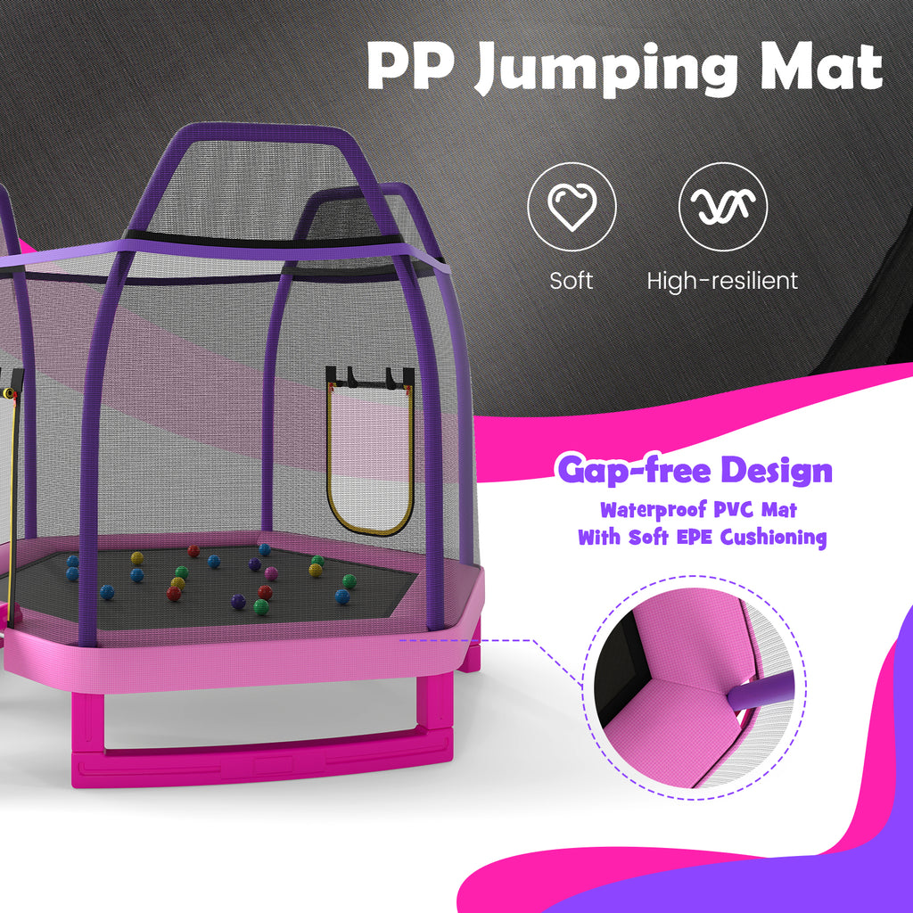 7 Feet Hexagonal Trampoline with Slide and Safety Enclosure Net
