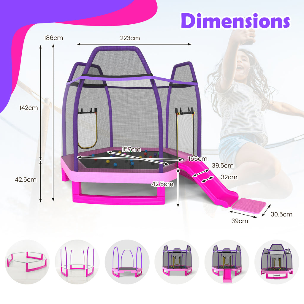 7 Feet Hexagonal Trampoline with Slide and Safety Enclosure Net
