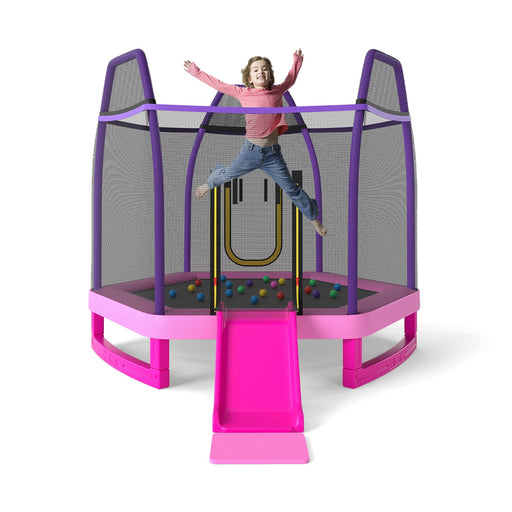 7 Feet Hexagonal Trampoline with Slide and Safety Enclosure Net
