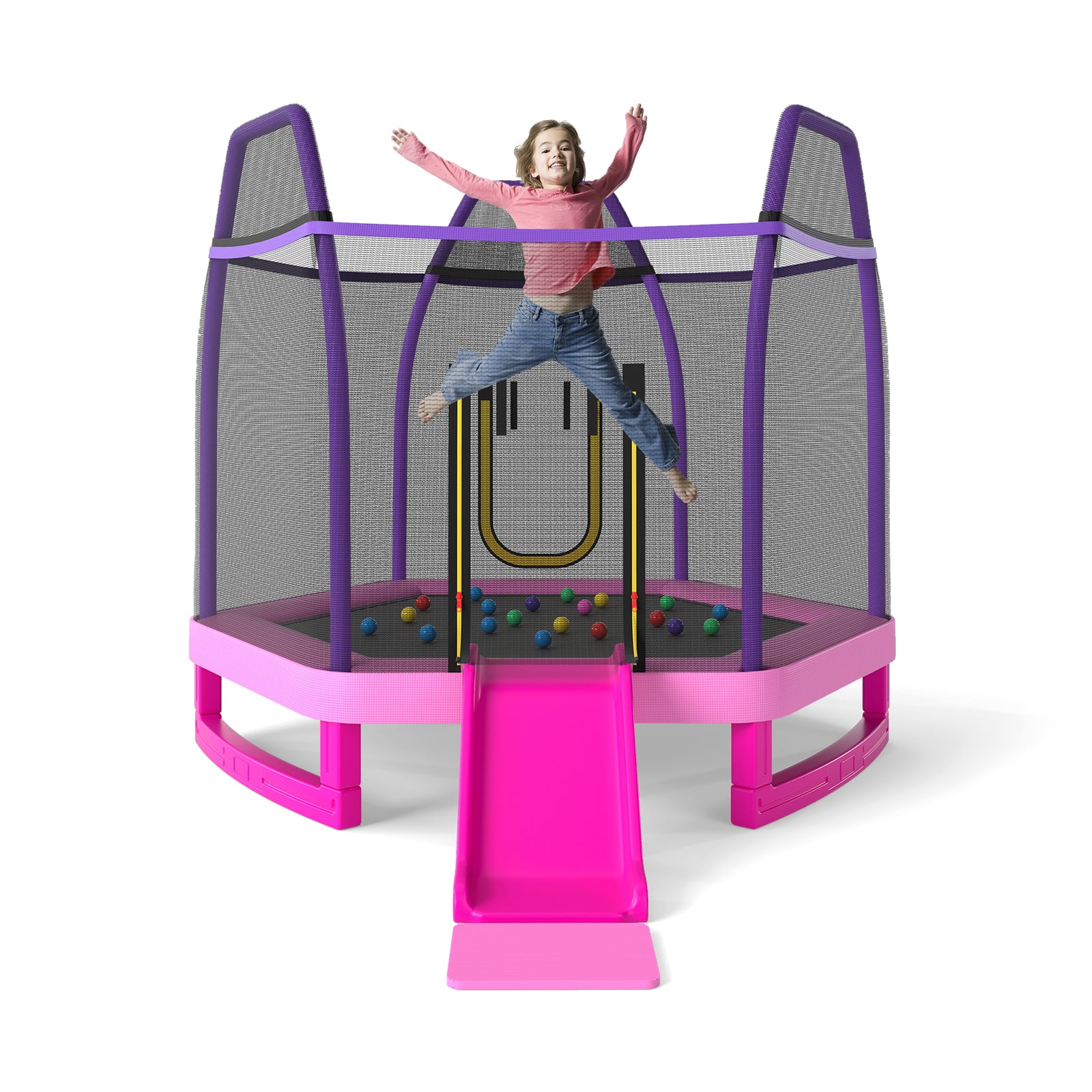 7 Feet Hexagonal Trampoline with Slide and Safety Enclosure Net