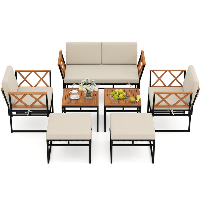 Costway 7-Piece Outdoor Conversation Set with Ottomans Beige - Porch Garden Terrace Rattan Lounge Set HW74059BN