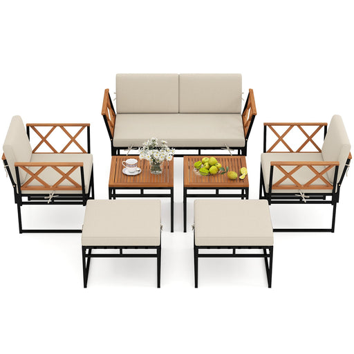Costway 7-Piece Outdoor Conversation Set with Ottomans Beige - Porch Garden Terrace Rattan Lounge Set HW74059BN