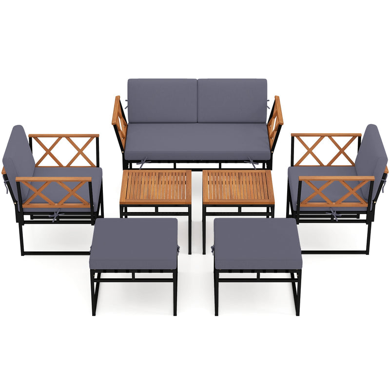 Costway 7-Piece Outdoor Conversation Set with Ottomans Grey - Porch Garden Terrace Rattan Lounge Set HW74059GR