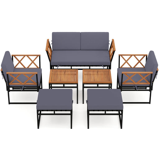 Costway 7-Piece Outdoor Conversation Set with Ottomans Grey - Porch Garden Terrace Rattan Lounge Set HW74059GR
