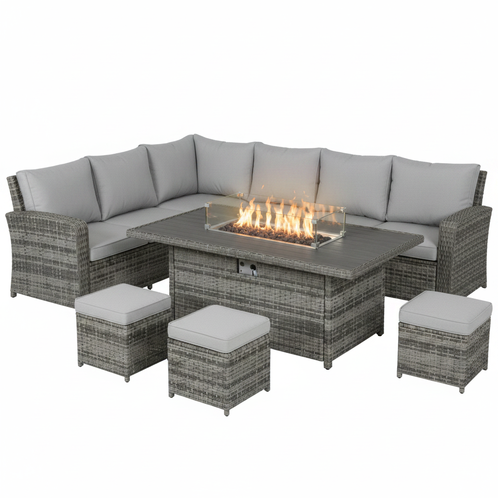 Outsunny 7-Piece Rattan Garden Sofa Set with Fire Pit Grey