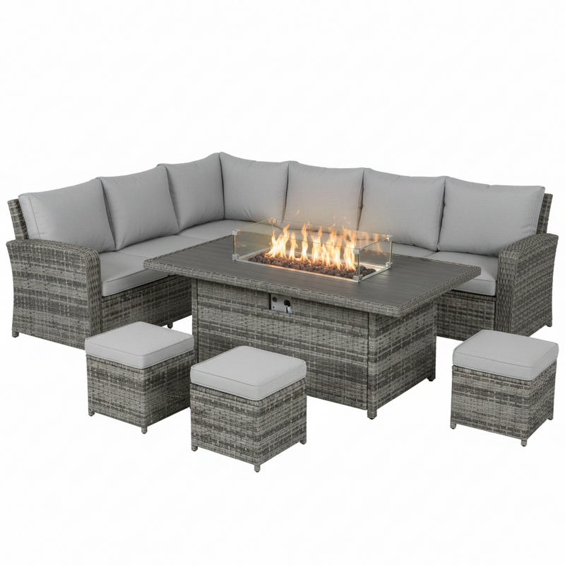 Outsunny 7-Piece Rattan Garden Sofa Set with Fire Pit Grey
