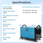 50/70L/Day Industrial Dehumidifier with Pump and Drain Hose-Blue-70L